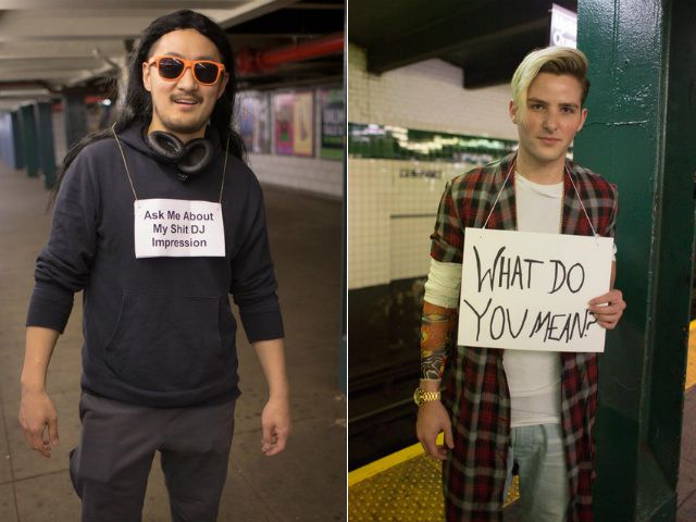 One of the most popular last minute costume ideas is the old "write something on a piece of paper and then wear it." You can get conceptual, like the fellow on the left, or you can just get weird with it, like the dude on the right.